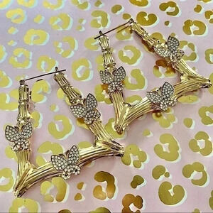 Geometric Gold bamboo Butterfly Rhinestone Statement Earring Large Metal Hoop